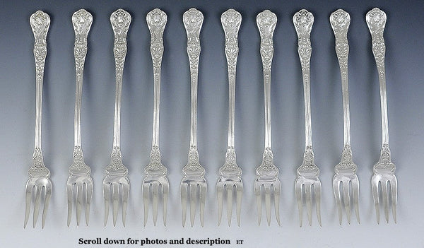 10 Antique c1895 Sterling Silver Gorham New Queens Seafood Cocktail Forks