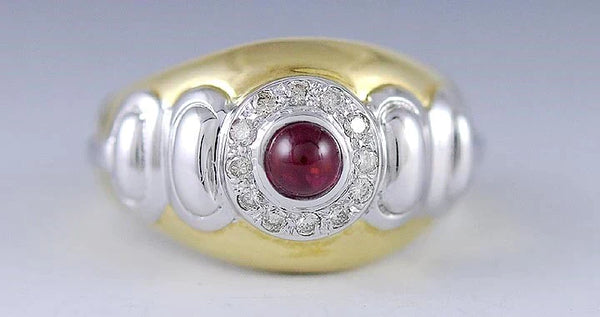 Attractive 18k White/Yellow Gold Cabochon Ruby Diamond Ring