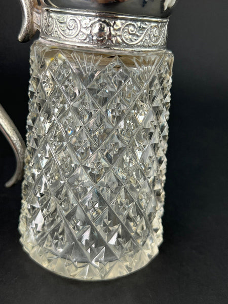 Charming c1870-1900 EAPG Glass Silverplate Strawberry Diamond Syrup Pitcher Jug