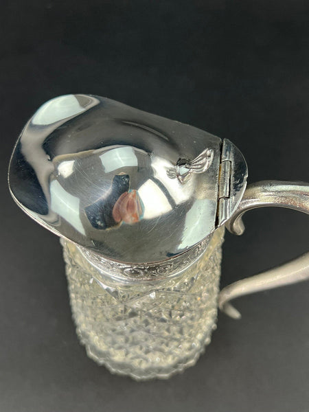 Charming c1870-1900 EAPG Glass Silverplate Strawberry Diamond Syrup Pitcher Jug