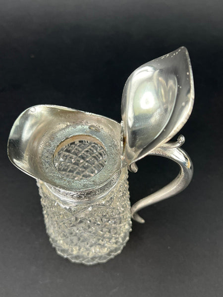 Charming c1870-1900 EAPG Glass Silverplate Strawberry Diamond Syrup Pitcher Jug