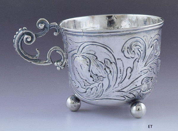 Charming c1650-1750 Continental European Hand Chased Silver Scroll Handle Cup