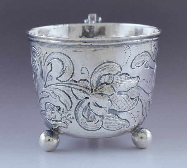 Charming c1650-1750 Continental European Hand Chased Silver Scroll Handle Cup