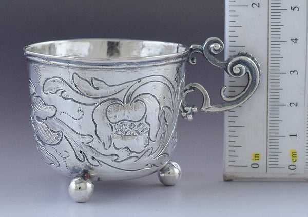 Charming c1650-1750 Continental European Hand Chased Silver Scroll Handle Cup