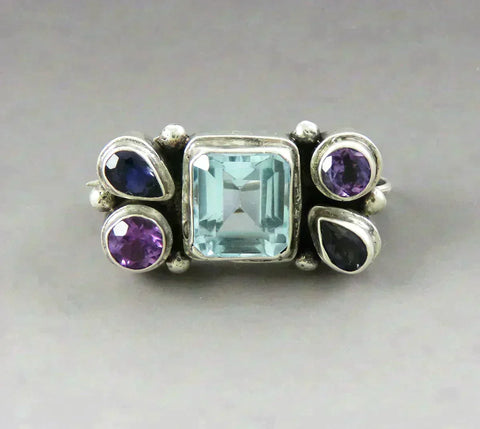 Gorgeous VTG Artisan Sterling Silver Blue Topaz Iolite Amethyst Pendant Brooch