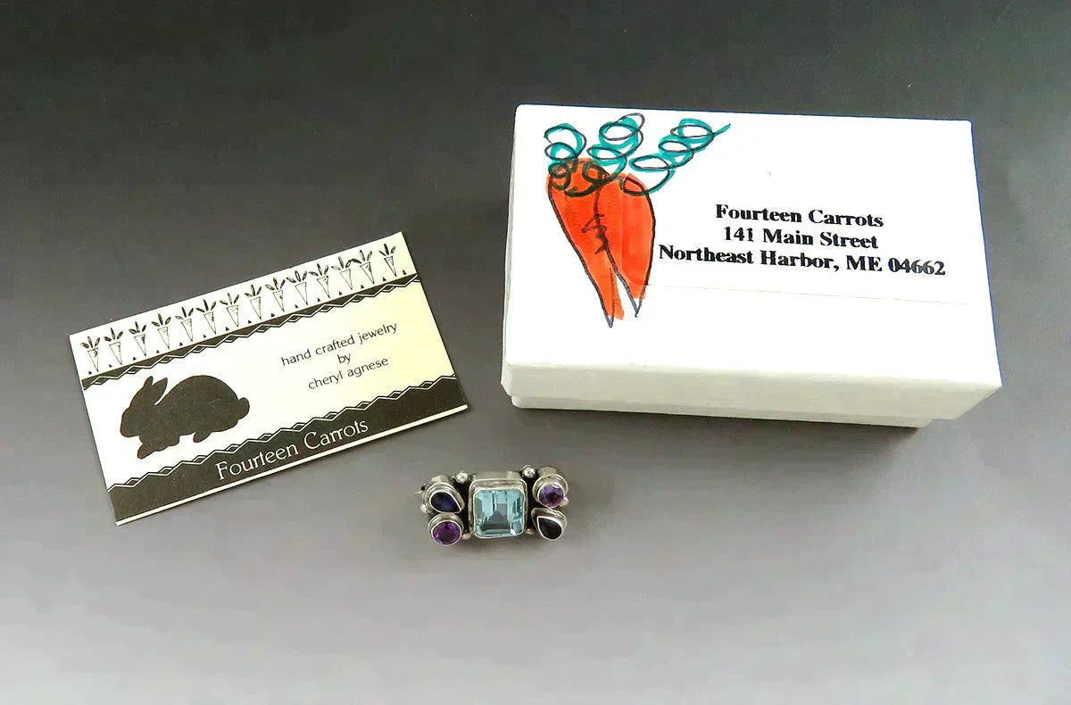 Gorgeous VTG Artisan Sterling Silver Blue Topaz Iolite Amethyst Pendant Brooch