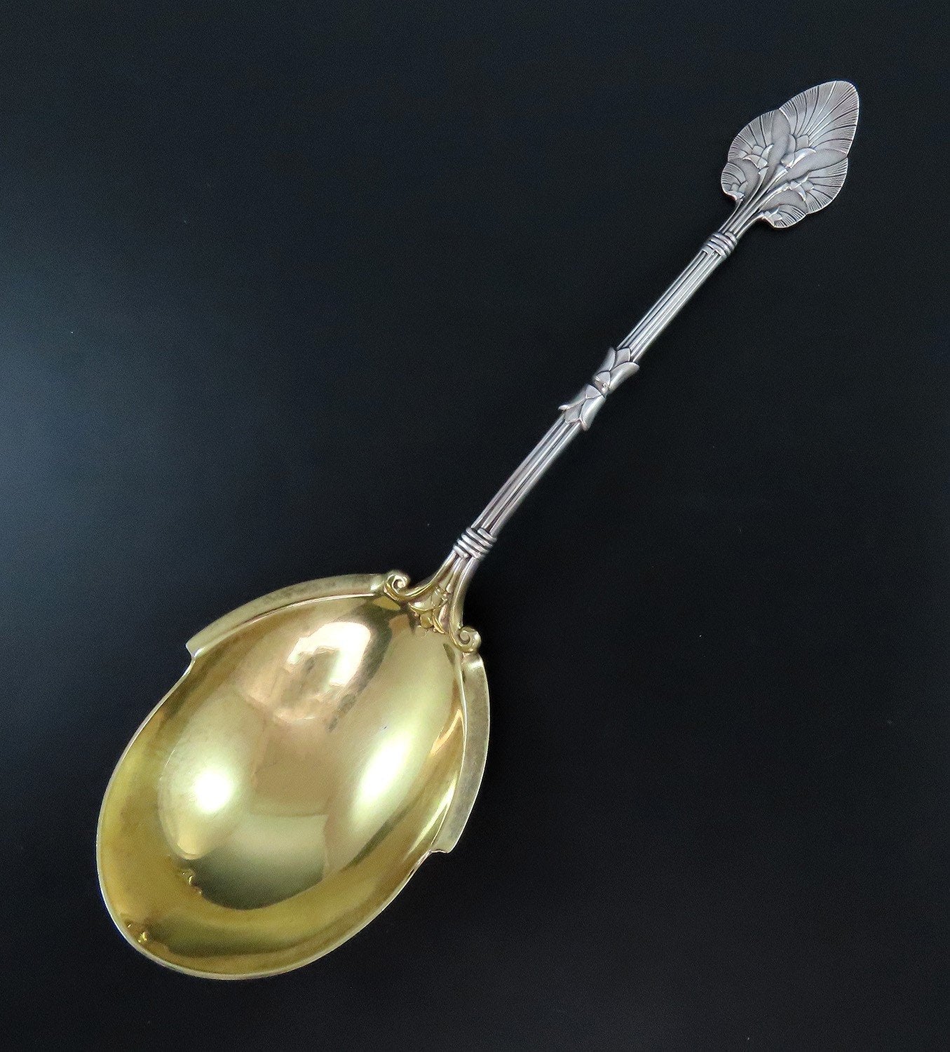 c1870 Sterling Gorham Lotus Serving Spoon Gilded Bowl Fan Detail 8 7/8"