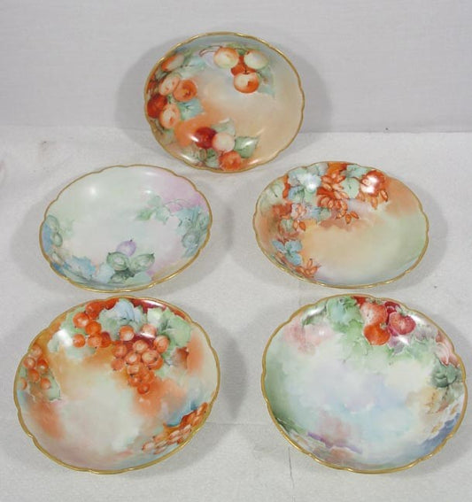 5 Antique French Hand Painted Tresseman Vogt Limoges Porcelain Berry Bowls