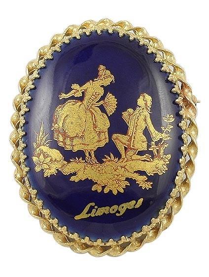 Limoges Porcelain 18th Century Courting Scene 14K Gold Brooch Pin