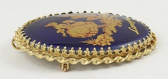 Limoges Porcelain 18th Century Courting Scene 14K Gold Brooch Pin