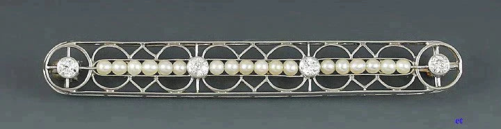 Wonderful Antique Art Deco Diamond Pearl Platinum 14k Gold Filigree Bar Pin