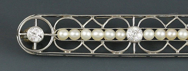 Wonderful Antique Art Deco Diamond Pearl Platinum 14k Gold Filigree Bar Pin