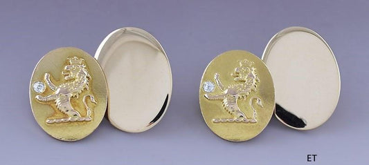 c1910-1920 Handsome Pair 14k Gold & Diamond Demi Lion Rampant Crest Cufflinks