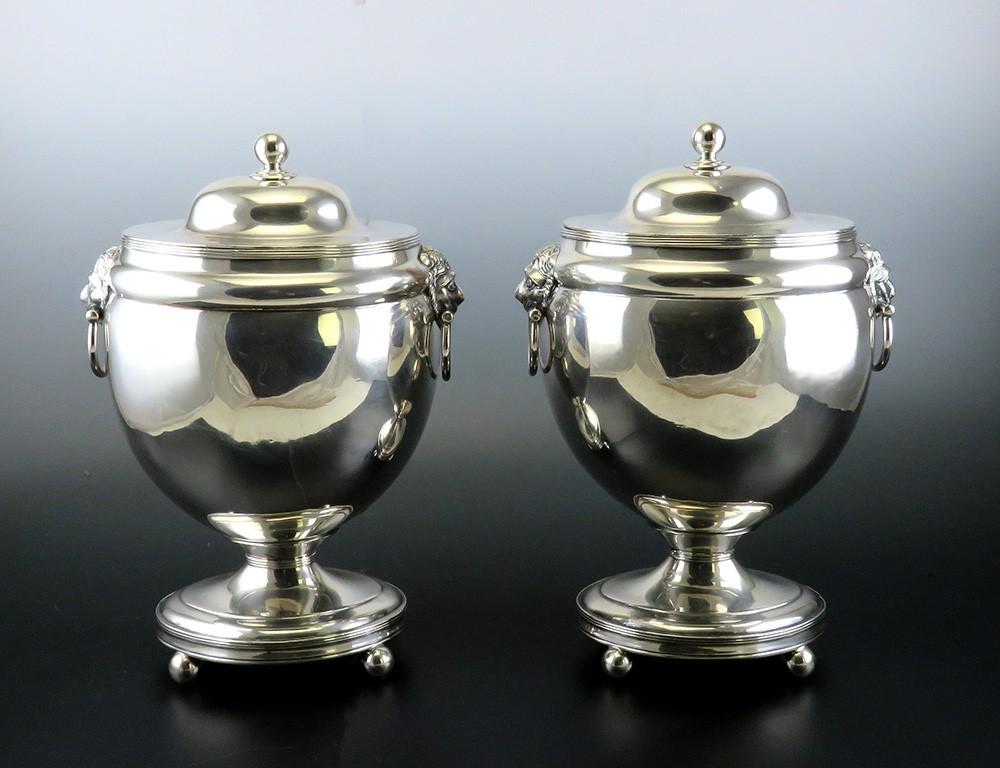 Fab Pair Sheffield Old Fused Silverplate Chestnut Urns w Lion Mask Handles