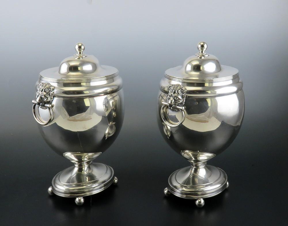 Fab Pair Sheffield Old Fused Silverplate Chestnut Urns w Lion Mask Handles