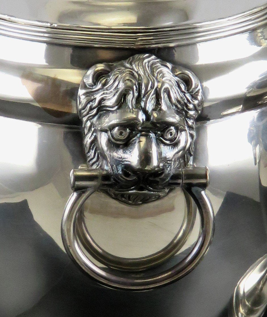 Fab Pair Sheffield Old Fused Silverplate Chestnut Urns w Lion Mask Handles