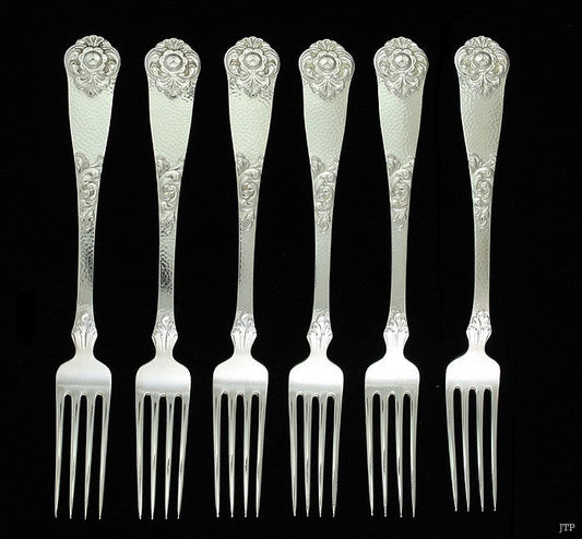 6 Antique 1928 Norwegian Silver Hand Hammered Flower Forks 7 1/8"