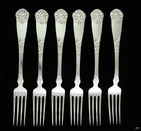 6 Antique 1928 Norwegian Silver Hand Hammered Flower Forks 7 1/8"