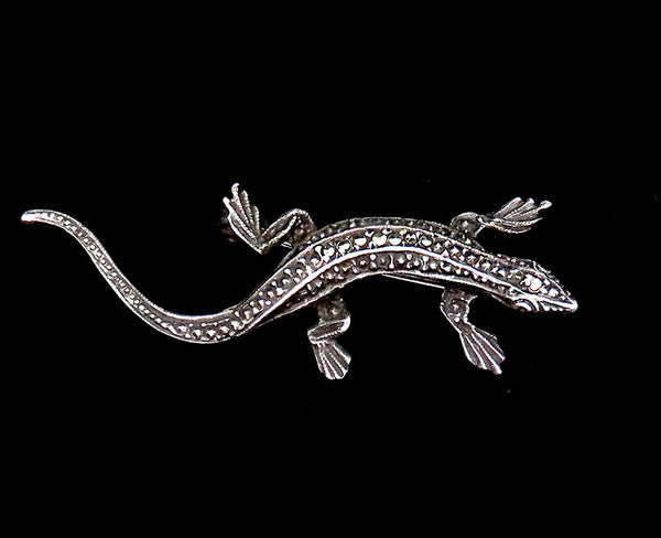 Charming Art Deco Antique Sterling Silver Marcasite Lizard Gecko Salamander Pin