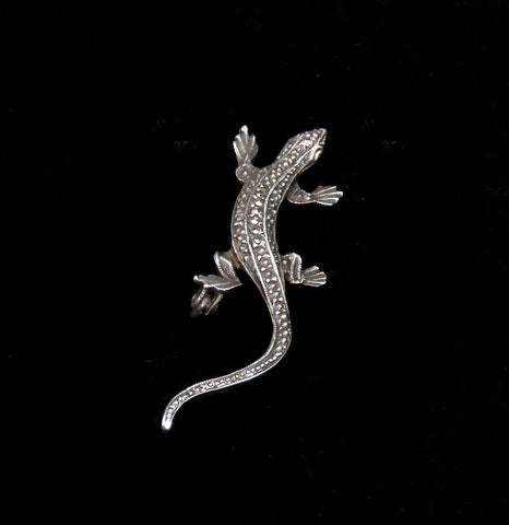 Charming Art Deco Antique Sterling Silver Marcasite Lizard Gecko Salamander Pin