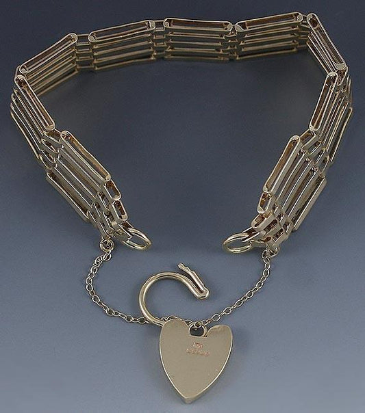 Fabulous English 9K Yellow Gold Heart Lock Openwork Link Bracelet
