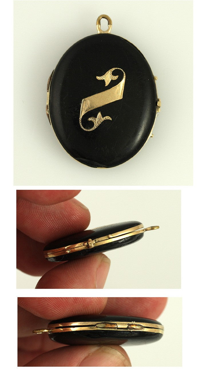 American Victorian 14K Gold & Black Enameled Locket Pendant