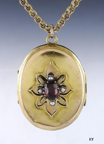 c1870s Victorian 14K Gold Garnet & Pearl Locket Pendant w Chain