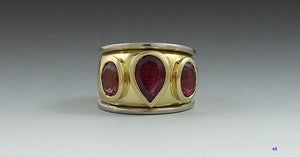 18K Yellow and White Gold 3-Stone Red Tourmaline Rubellite Ring