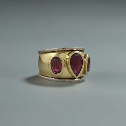 18K Yellow and White Gold 3-Stone Red Tourmaline Rubellite Ring