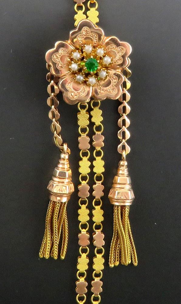 Fabulous c1880 Victorian 12k Multi Tone Gold Watch Chain w Pearl Flower Slide