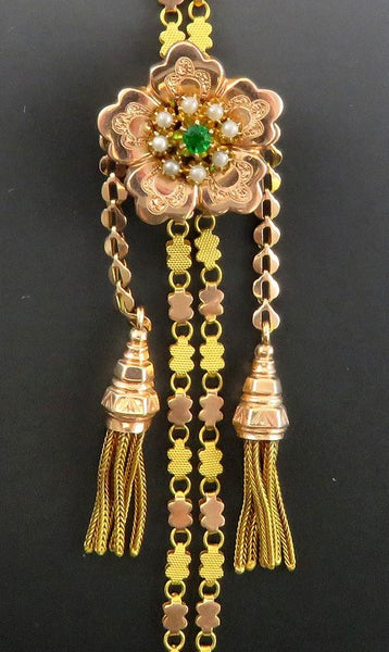 Fabulous c1880 Victorian 12k Multi Tone Gold Watch Chain w Pearl Flower Slide
