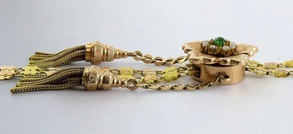 Fabulous c1880 Victorian 12k Multi Tone Gold Watch Chain w Pearl Flower Slide