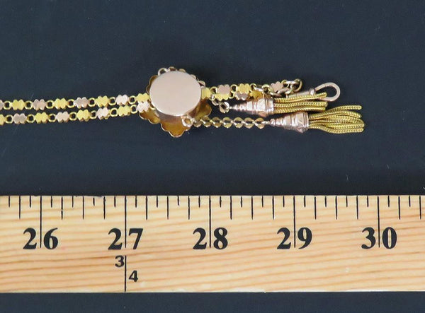 Fabulous c1880 Victorian 12k Multi Tone Gold Watch Chain w Pearl Flower Slide