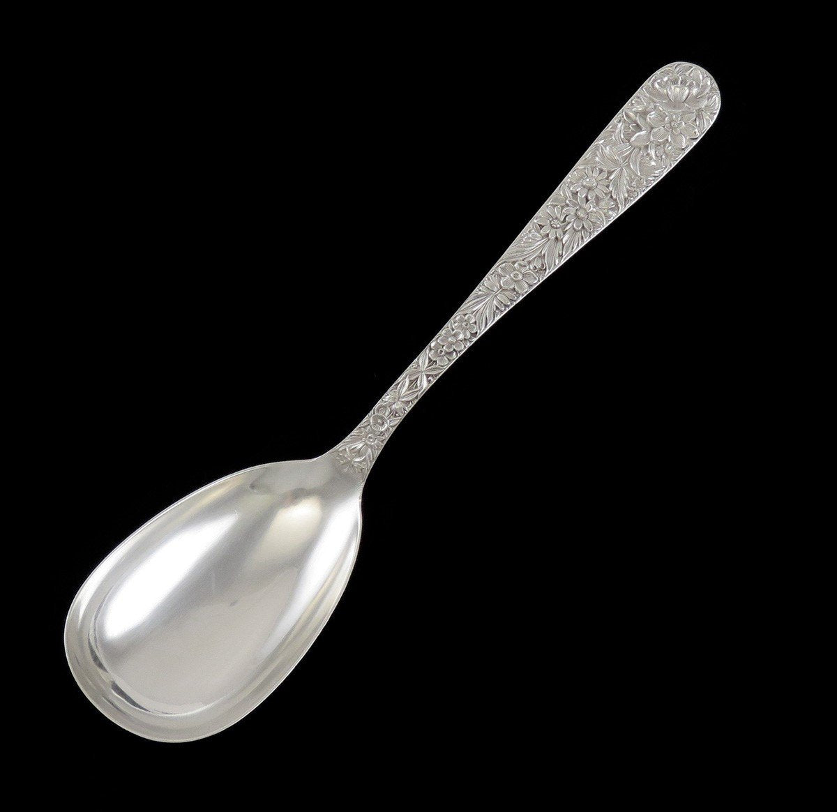 Antique Art Nouveau Kirk Repousse Flower Sterling Silver Serving Spoon 9 1/2"