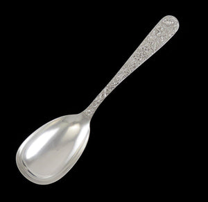 Antique Art Nouveau Kirk Repousse Flower Sterling Silver Serving Spoon 9 1/2"