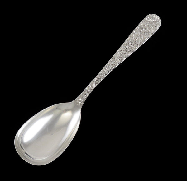 Antique Art Nouveau Kirk Repousse Flower Sterling Silver Serving Spoon 9 1/2"