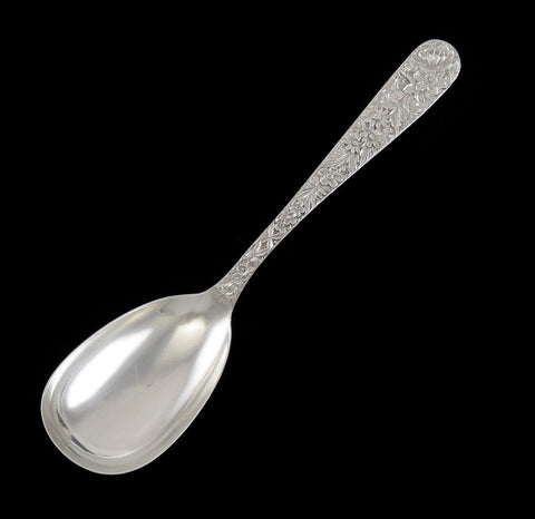 Antique Art Nouveau Kirk Repousse Flower Sterling Silver Serving Spoon 9 1/2"