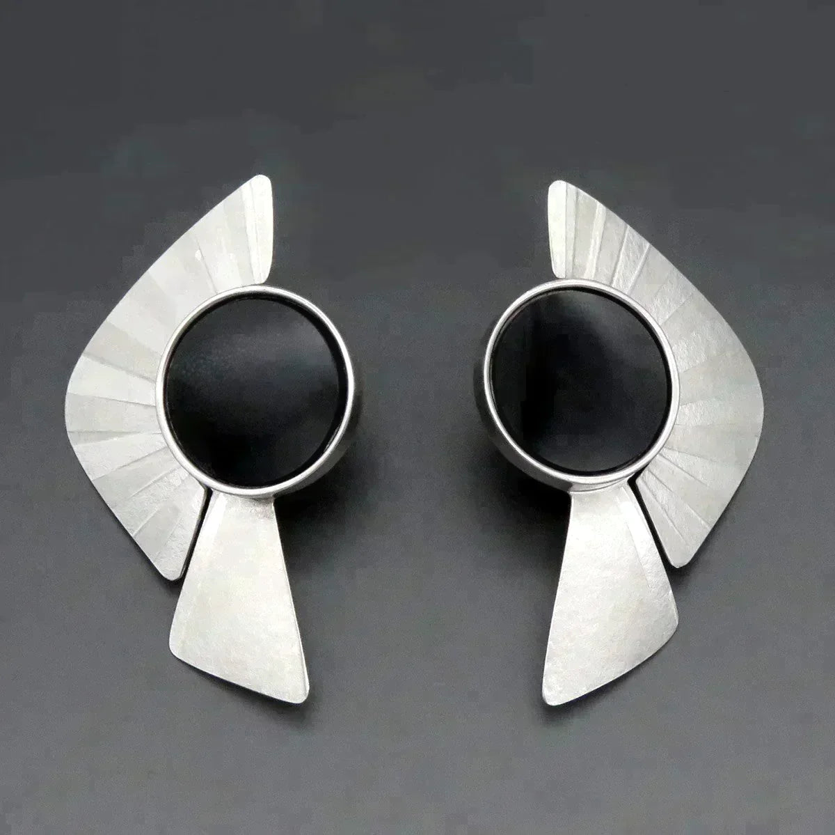 Handcrafted Sterling Silver Onyx Stone Fan Form Geometric Statement Earrings 2"
