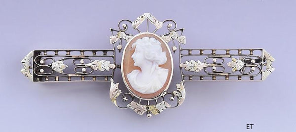 c1870 Elegant Victorian 10k Gold Foliate Filigree Cameo Bar Pin/Brooch