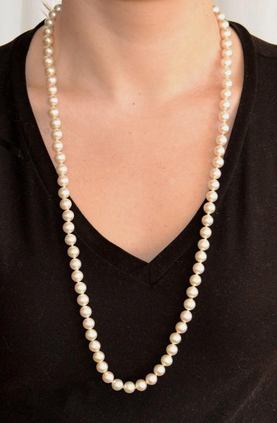 Elegant 30" Strand 8mm Mallorca Faux Pearl Necklace w Sterling Silver Clasp