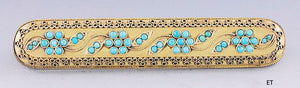 Victorian c1860s-1870s 14k Gold Turquoise Etruscan Revival Bar Pin