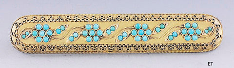 Victorian c1860s-1870s 14k Gold Turquoise Etruscan Revival Bar Pin