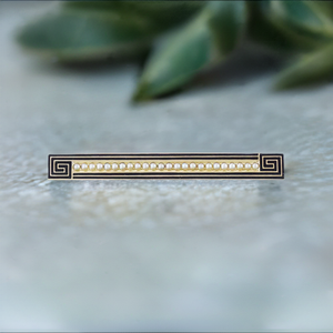 Charming 14k Gold Seed Pearl Black Enamel Greek Key Bar Pin / Brooch