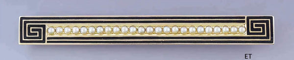 Charming 14k Gold Seed Pearl Black Enamel Greek Key Bar Pin / Brooch