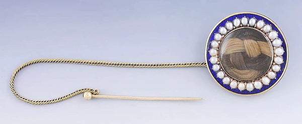 Charming Victorian 14k Gold Pearl Blue Enamel Memorial Hair Brooch Pin