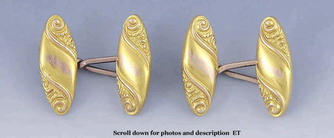 Handsome Pair Antique Victorian 10k Yellow Gold Scroll Cufflinks