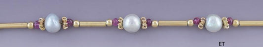 Wonderful 18K Yellow Gold Natural Pearl Ruby Beaded Necklace