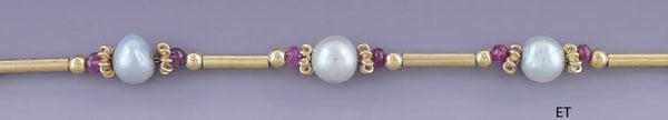 Wonderful 18K Yellow Gold Natural Pearl Ruby Beaded Necklace