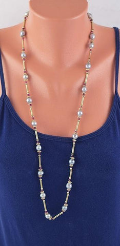 Wonderful 18K Yellow Gold Natural Pearl Ruby Beaded Necklace