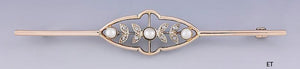 Elegant C1900 14k Gold and Platinum Diamond Pearl Bar Pin Brooch